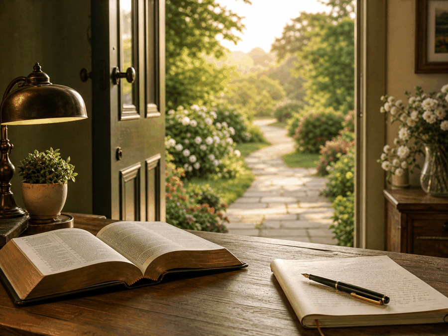 An open Bible and prayer journal beside a doorway leading to a garden path