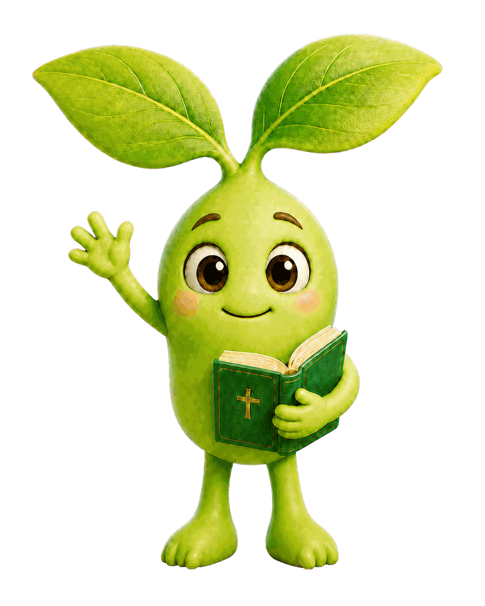 Sprout, a cheerful green seedling, waving while holding a Bible