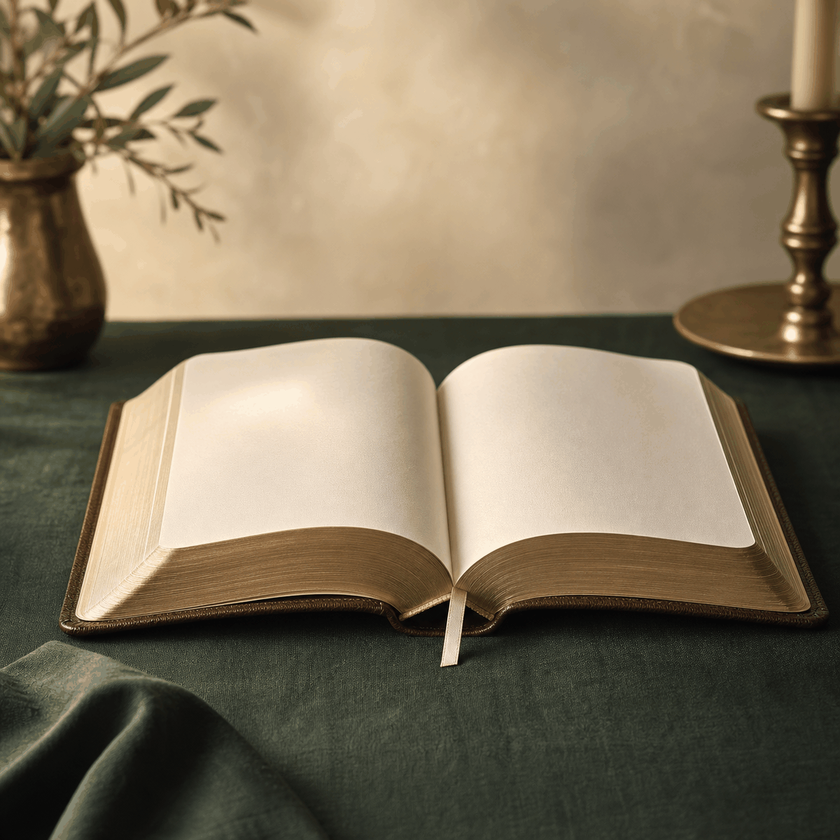 An open leather Bible with gilded pages on green linen beside a brass candlestick