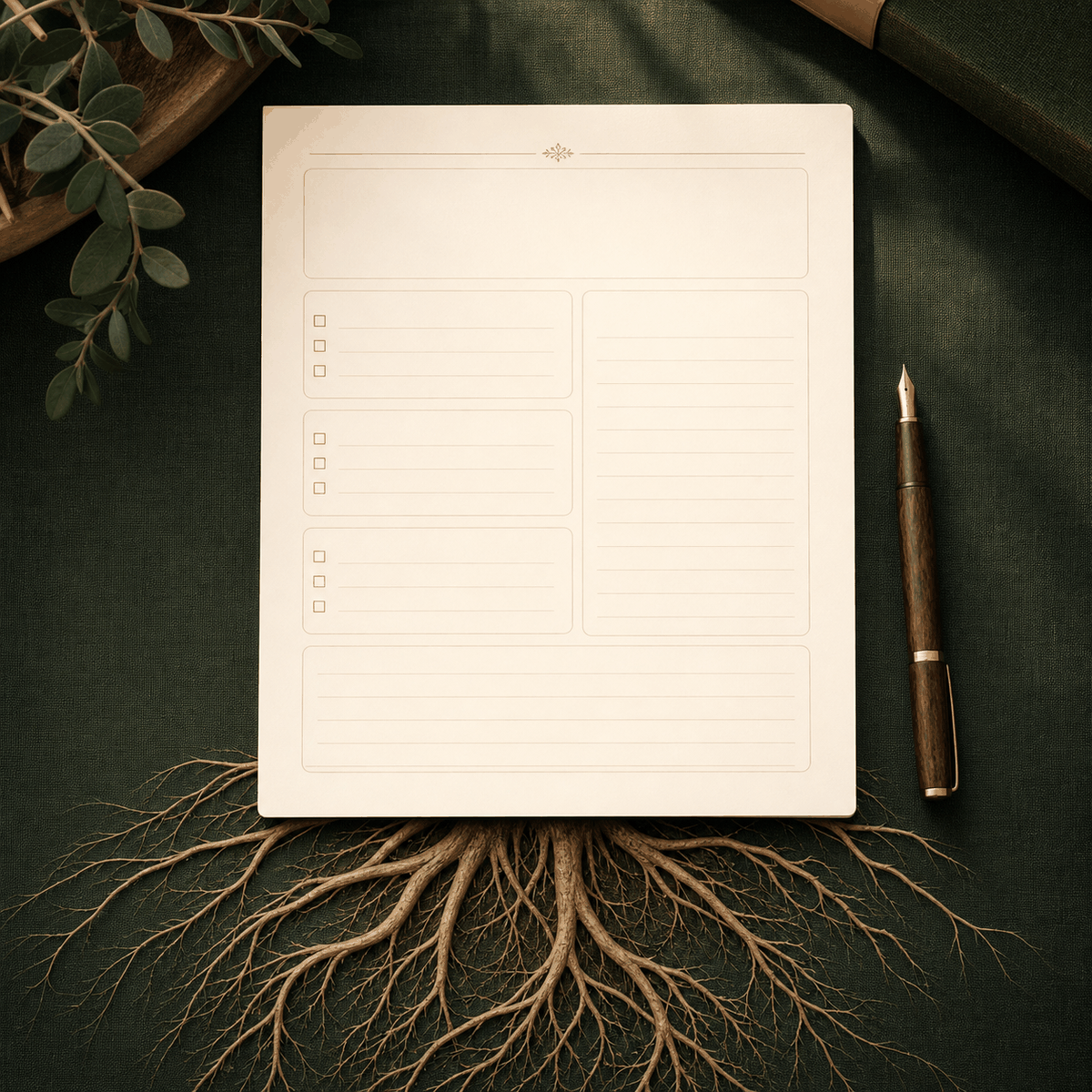 A study worksheet with roots growing from its base, beside a fountain pen